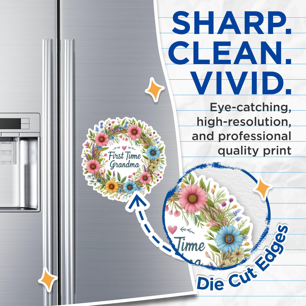 (2 Pack) First Time Grandma Magnets - Floral Wreath Magnets - Grandparent Announcement Magnets- 5" On Longest Side - for Fridges, Toolboxes, Cars - Made in USA - MAG2907
