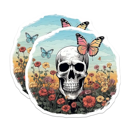 (2 Pack) Skull and Butterfly Magnets - Floral Skull Design - Nature Lovers - Gothic Art Magnets - Skull Floral Art - 5" On Longest Side - for Cars, Fridges, Toolboxes - Made in USA - MAG4237