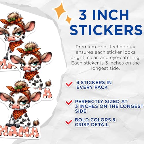 (3 Pack) Cow Mama Decals - Messy Bun Bandana - Farm Animal Laptop Decals - 3 Inches On Longest Side - Easy Peel & Apply - Made in USA - 3MCS2564