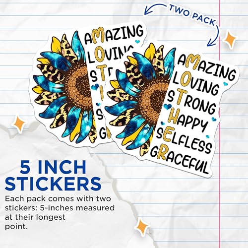 (2 Pack) Amazing Mother Stickers - Loving Strong Happy Selfless Stickers - Graceful Mother Flower Stickers - 5" On Longest Side - Sticks to Smooth Flat Surfaces - Made in USA - BMCS6785