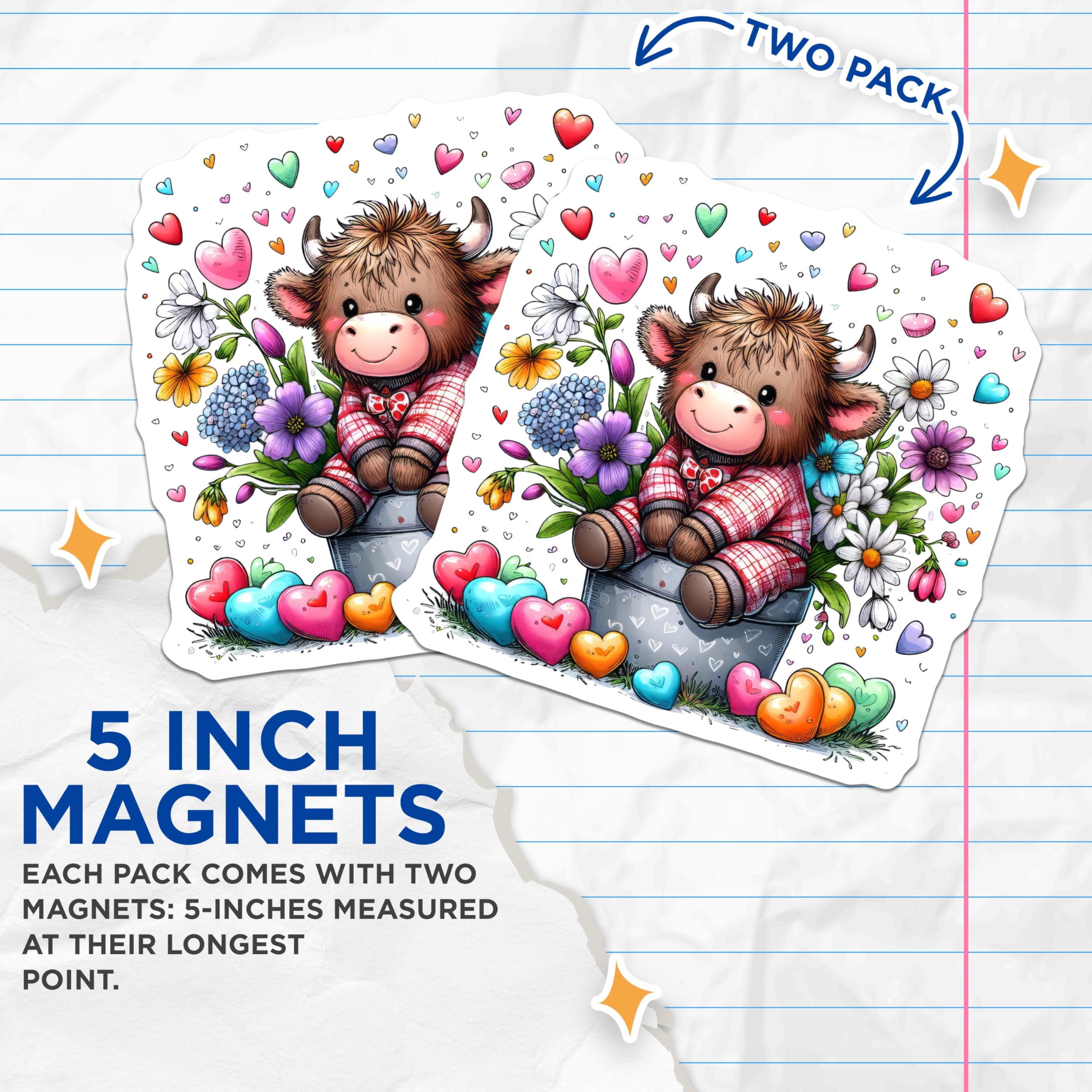 (2 Pack) Highland Cow Magnets - Cute Cow Decor - Flower Power Magnet Set - 5" On Longest Side - Premium Magnet - for Cars, Refrigerators, Toolboxes, Lockers - Made in USA - MAG15091