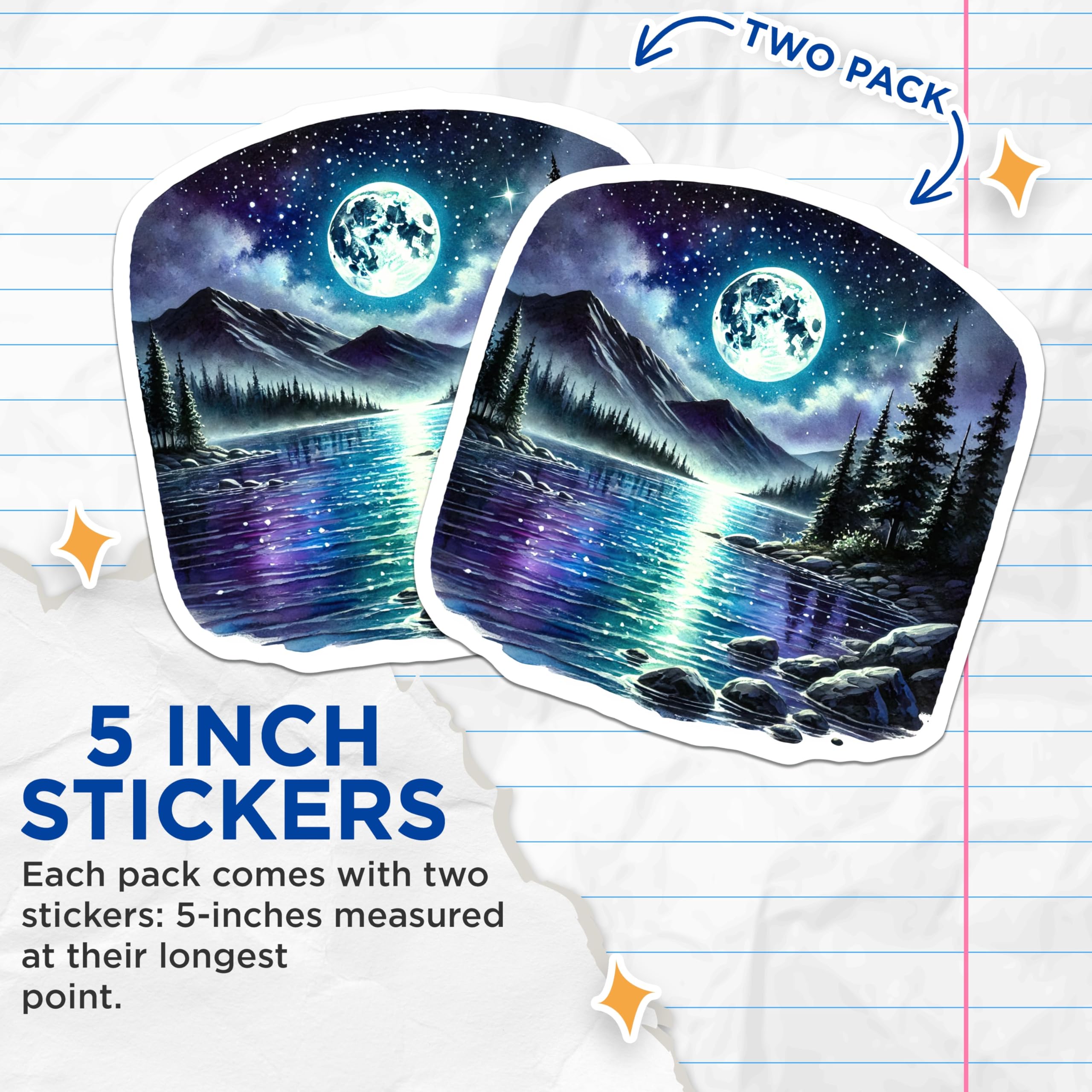 (2 Pack) Moon Lake Stickers - Night Sky Stickers - Celestial Art Stickers - 5" On Longest Side - Sticks to Smooth Flat Surfaces - Made in USA - BMCS18048