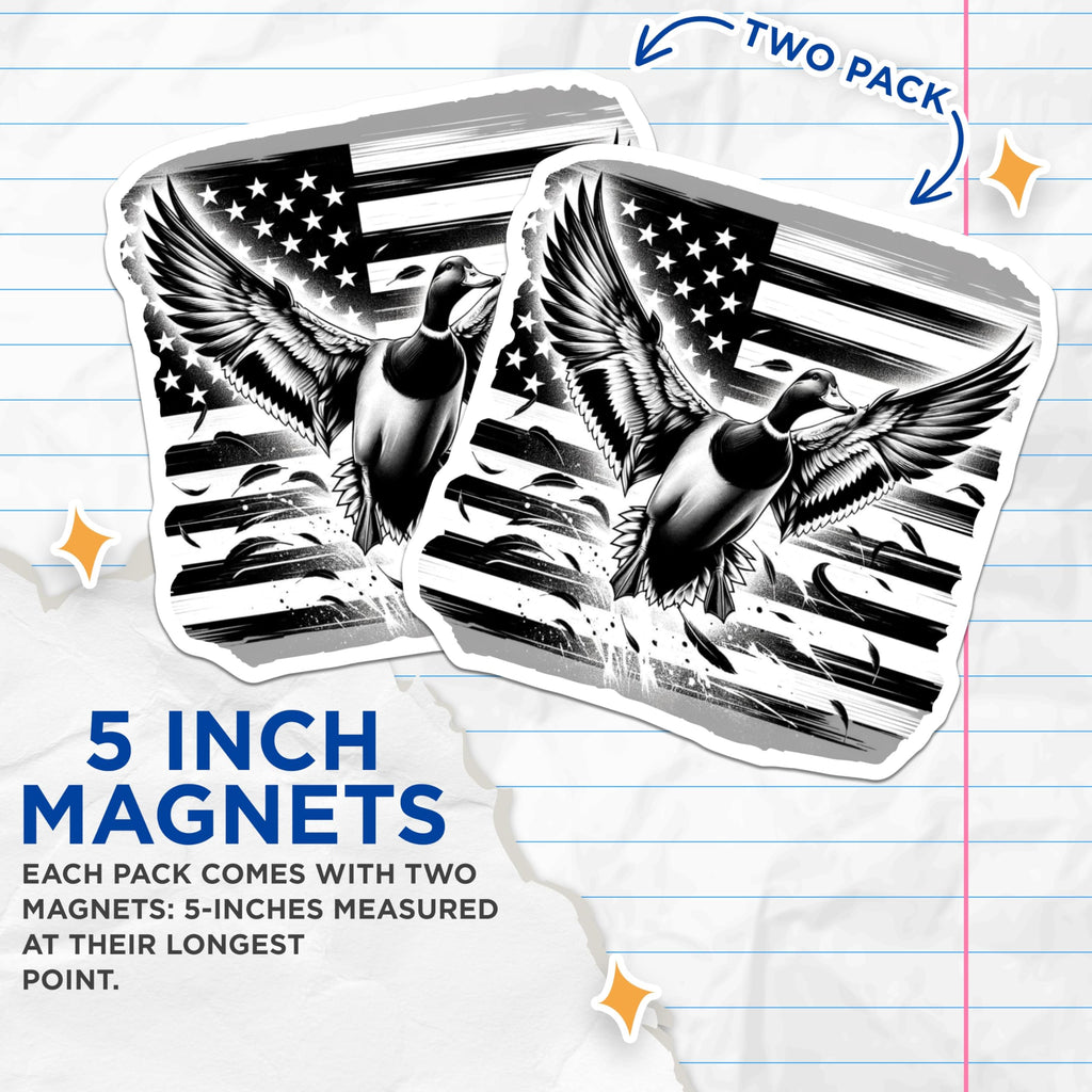 (2 Pack) Mallard Duck Magnets - American Flag Art - Hunter Waterfowl Decor - Outdoorsman Wildlife Scene - 5 Inches On Longest Side - Thick Durable Magnet - Made in USA - MAG22737