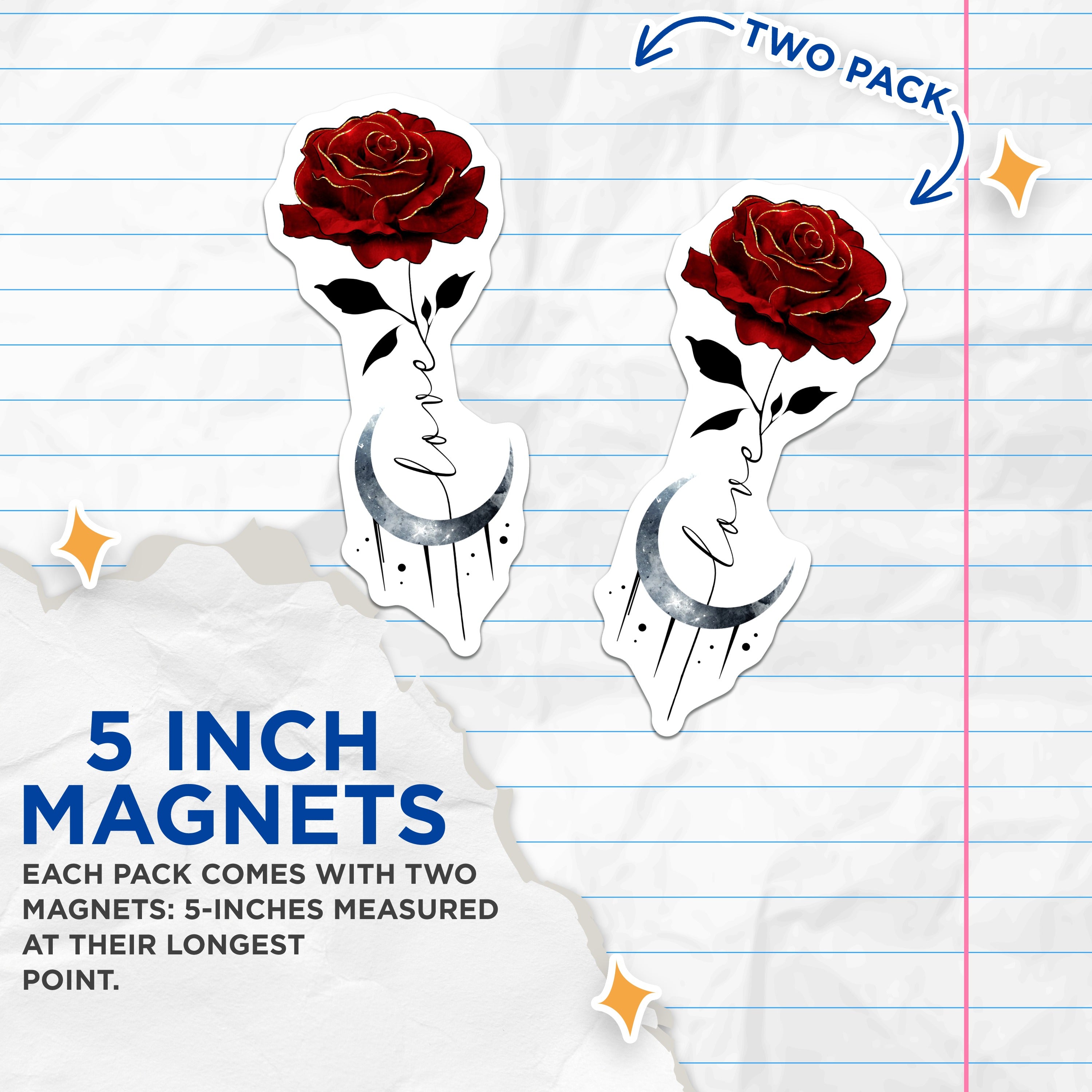 (2 Pack) Romantic Rose Magnets - Minimalist Couple Line Art - Celestial Moon Spiritual Home Decor - 5 Inches On Longest Side - Thick Durable Magnet - Made in USA - MAG36895