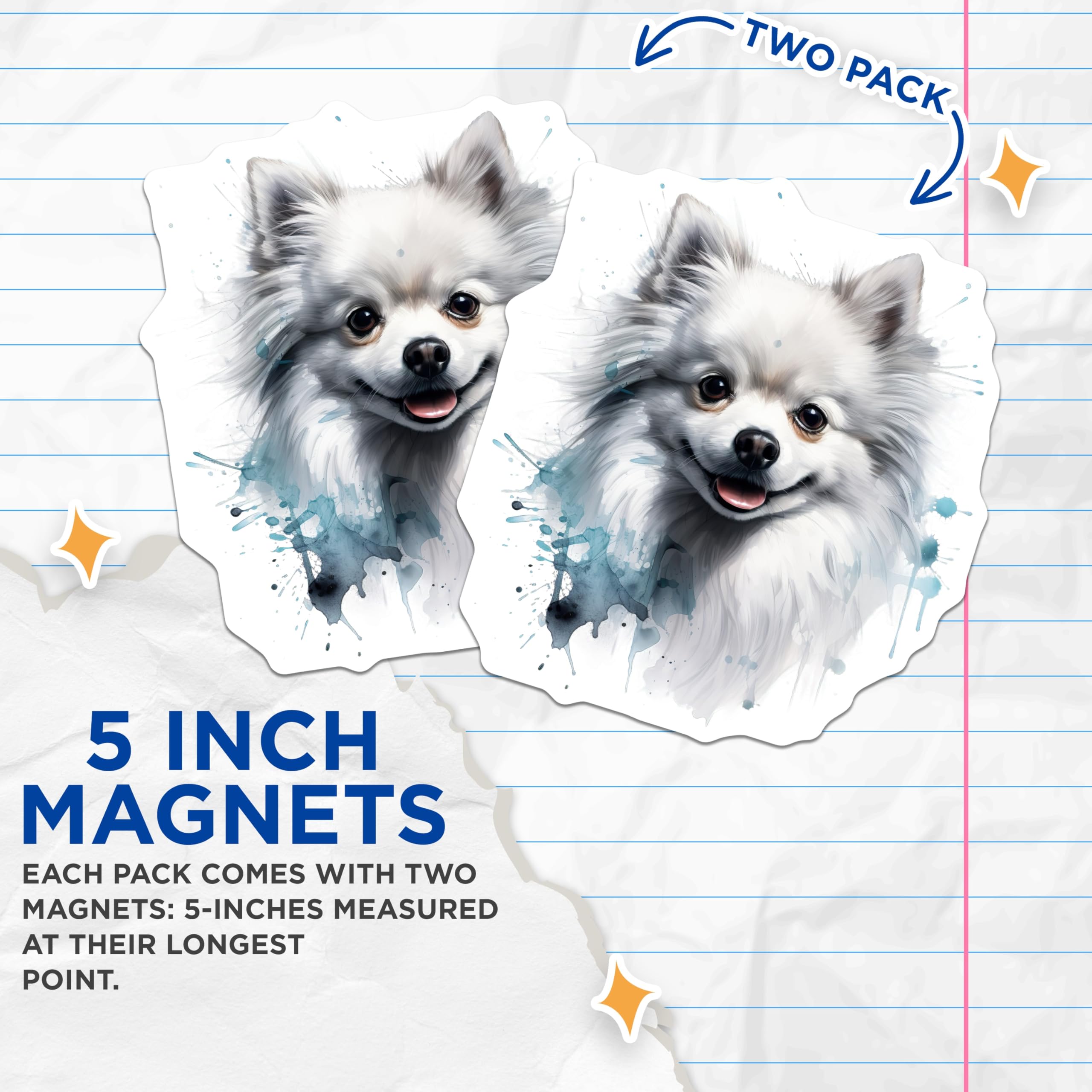(2 Pack) Cute White Dog Magnets - Pomeranian Watercolor Art - Pet Owner Home Decor - 5 Inches On Longest Side - Thick Durable Magnet - Made in USA - MAG27722