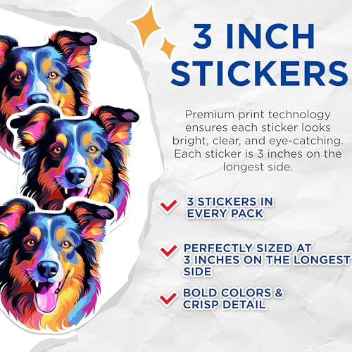 (3 Pack) Australian Shepherd Decals - Colorful Dog Stickers - Laptop Decal - 3 Inches On Longest Side - Easy Peel & Apply - Made in USA - 3MCS0712