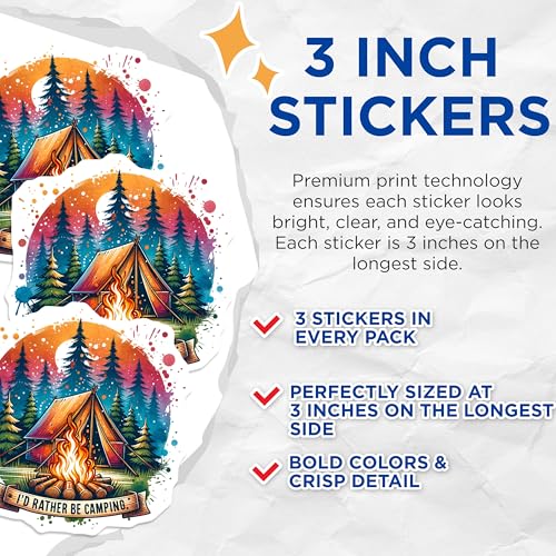 (3 Pack) Camping Tent Decals - Bonfire Laptop Decal - I'd Rather Be Camping Slogan- 3 Inches On Longest Side - Easy Peel & Apply - Made in USA - 3MCS5418