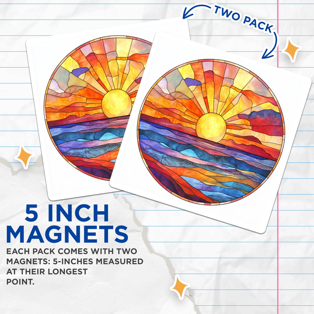 (2 Pack) Stained Glass Sunset Magnets - Ocean Horizon Art - Vibrant Sunrise - Coastal Home Decor - 5 Inches On Longest Side - Thick Durable Magnet - Made in USA - MAG29426