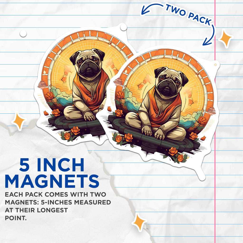 (2 Pack) Pug Buddha Magnets - Meditating Zen Dog Art - Spiritual Animal Decor - 5 Inches On Longest Side - Thick Durable Magnet - Made in USA - MAG23140