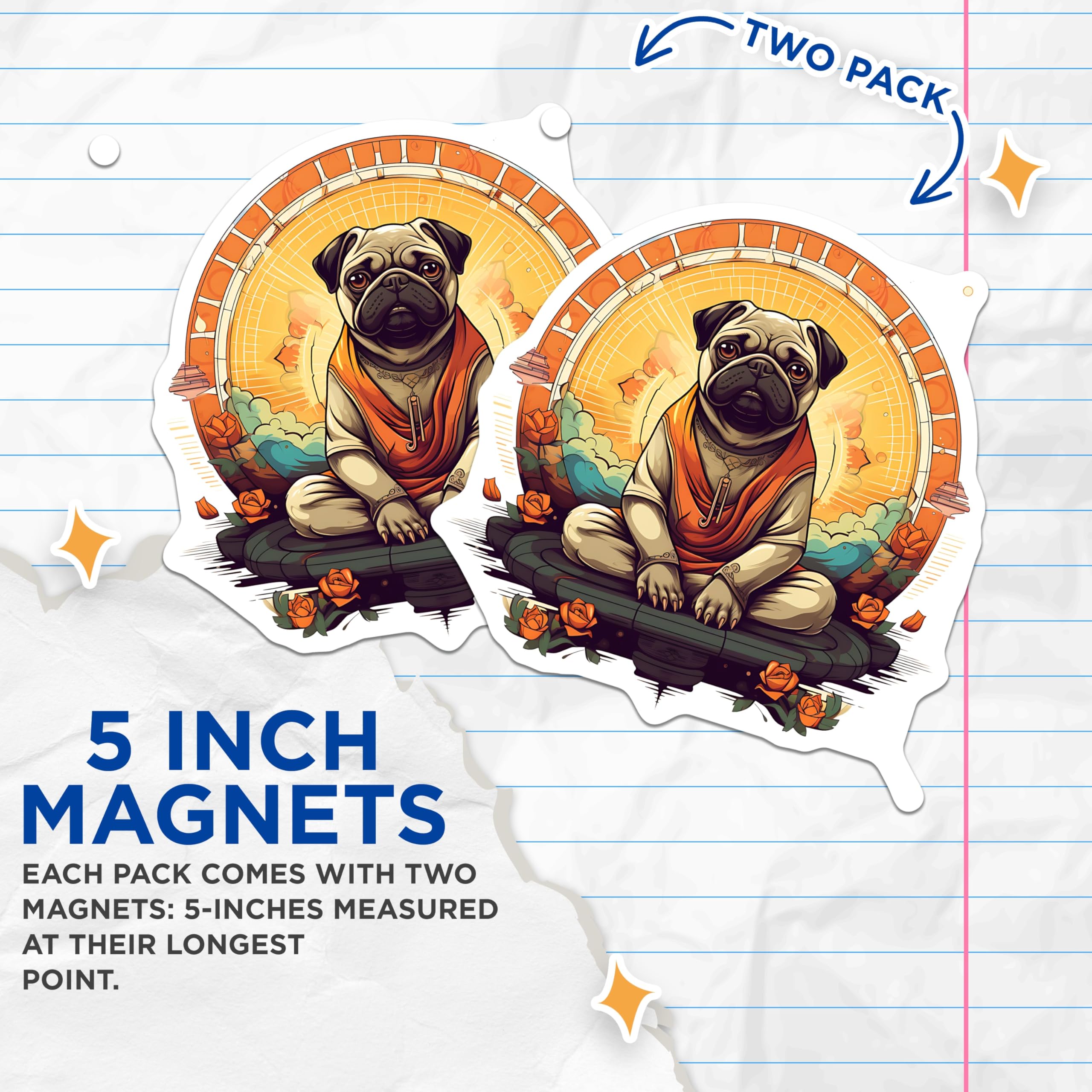(2 Pack) Pug Buddha Magnets - Meditating Zen Dog Art - Spiritual Animal Decor - 5 Inches On Longest Side - Thick Durable Magnet - Made in USA - MAG23140