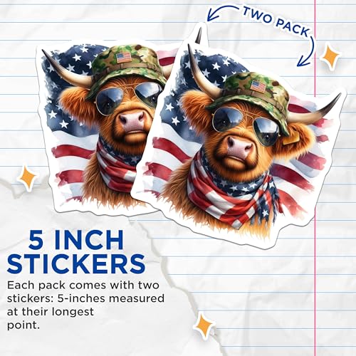(2 Pack) Patriotic Highland Cow Stickers - American Flag Stickers - Military Hat Stickers - 5" On Longest Side - Sticks to Smooth Flat Surfaces - Made in USA - BMCS6338