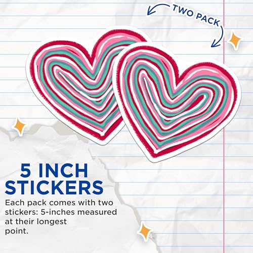 (2 Pack) Heart Stickers - Colorful Heart Pattern Stickers - Unique Vibrant Heart Design Stickers - 5" On Longest Side - Sticks to Any Smooth Flat Surface - Made in USA - BMCS3445
