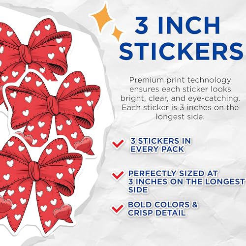 (3 Pack) Bow Decals - Heart Decals - Cute Bows Heart Stickers - 3 Inches On Longest Side - Easy Peel & Apply - Made in USA - 3MCS2383