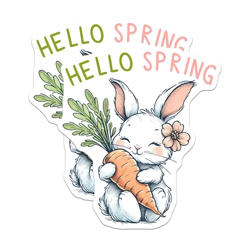 (2 Pack) Hello Spring Bunny Stickers - Cute Animal - Seasonal Decorative - 5" On Longest Side - Sticks to Smooth Flat Surfaces - Made in USA - BMCS8005