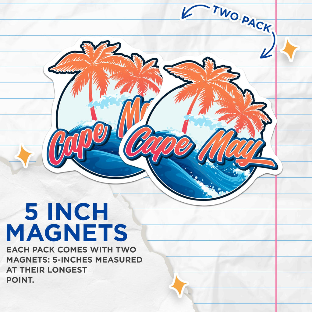 (2 Pack) Cape May Magnets - New Jersey Shore Souvenir - Palm Tree Beach Ocean Wave Art - Coastal Home Refrigerator Decor - 5 Inches On Longest Side - Thick Durable Magnet - Made in USA - MAG19439