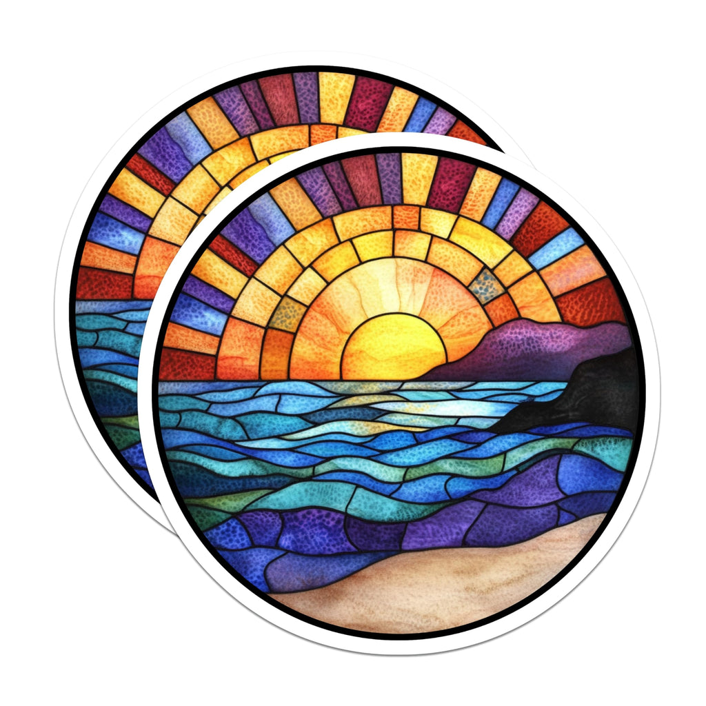 (2 Pack) Stained Glass Sunset Magnets - Ocean Waves Decor - Coastal Beach Art - 5 Inches On Longest Side - Thick Durable Magnet - Made in USA - MAG26058