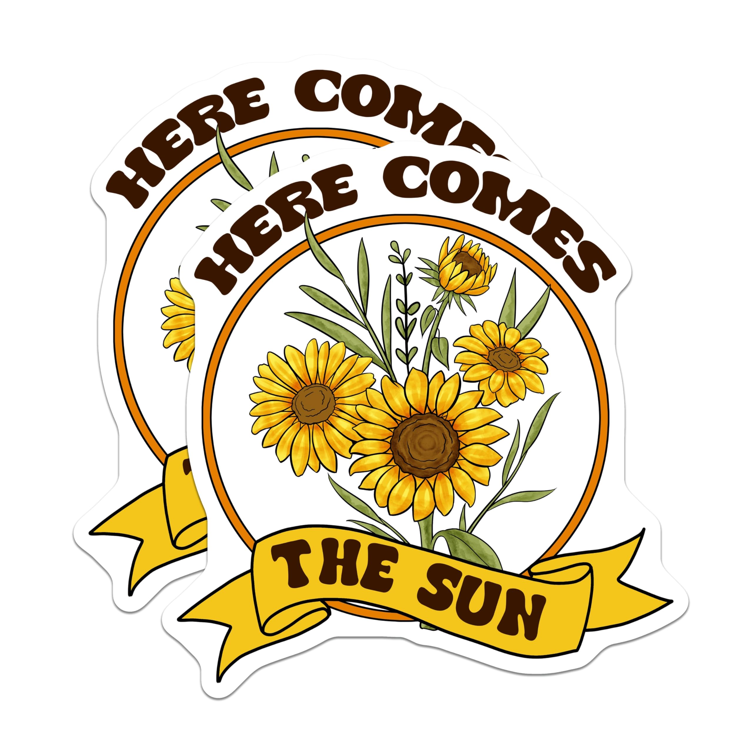(2 Pack) Here Comes The Sun Magnets - Cheerful Sunflower Floral Art - Inspirational Quote Refrigerator Locker Accents - 5 Inches On Longest Side - Thick Durable Magnet - Made in USA - MAG19347