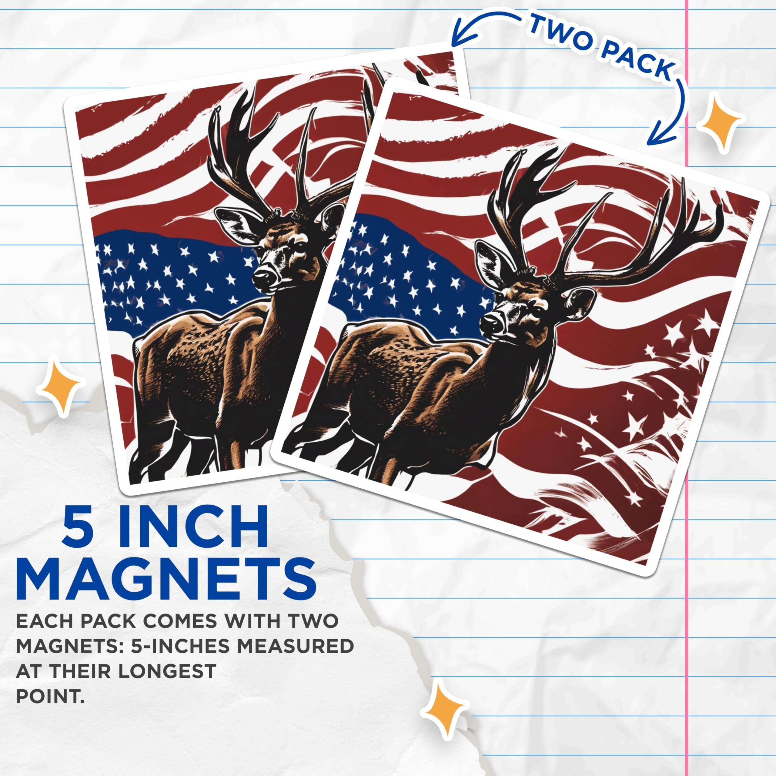 (2 Pack) American Patriotic Deer Magnets - Majestic Buck Hunting Cabin Decor - USA Flag Stars Stripes Refrigerator Art - 5 Inches On Longest Side - Thick Durable Magnet - Made in USA - MAG19795