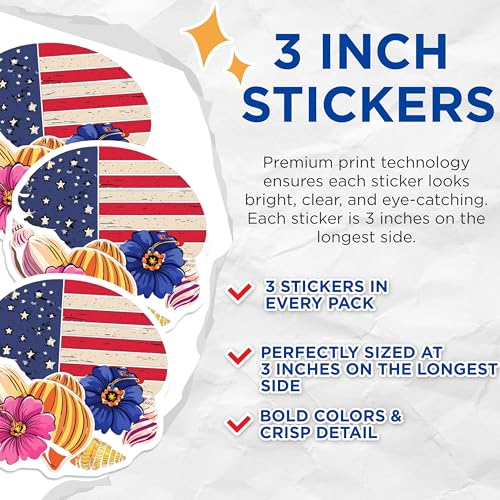 (3 Pack) American Flag Decals - Patriotic Flowers - Laptop Decal - 3 Inches On Longest Side - Easy Peel & Apply - Made in USA - 3MCS7762