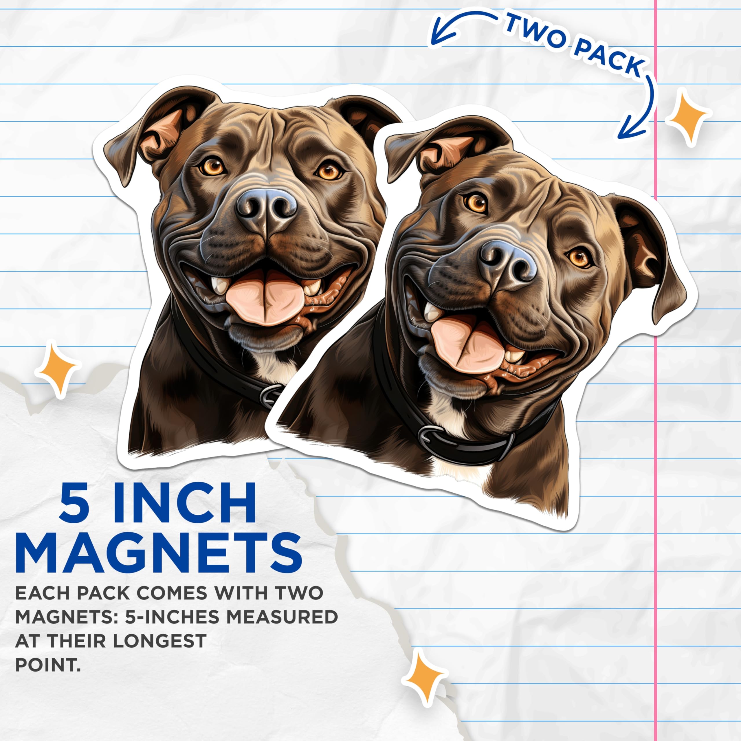 (2 Pack) Pitbull Magnets - Happy Dog Art - Smiling Pitbull Face - Pet Lover Refrigerator Decor - 5 Inches On Longest Side - Thick Durable Magnet - Made in USA - MAG23557