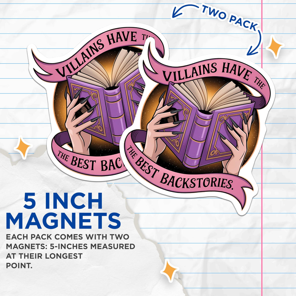(2 Pack) Villains Backstories Magnets - Gothic Book Lover Decor - Dark Academia Reading Quote Art - 5 Inches On Longest Side - Thick Durable Magnet - Made in USA - MAG20837