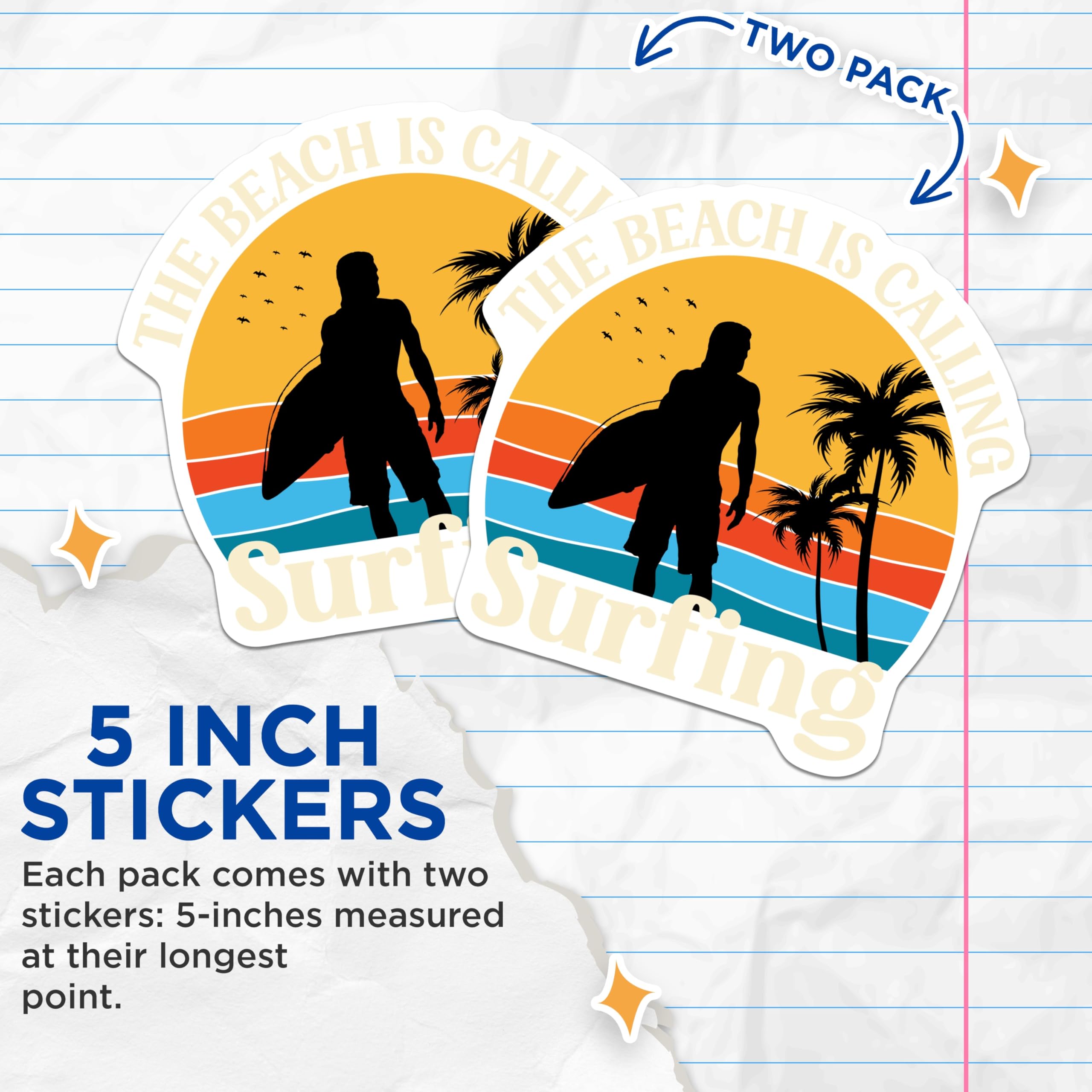 (2 Pack) Beach is Calling Surfing Stickers - Surfer Sunset Vibe - Ocean Life Adventure Decals - 5" On Longest Side - Sticks to Smooth Flat Surfaces - Made in USA - BMCS20917