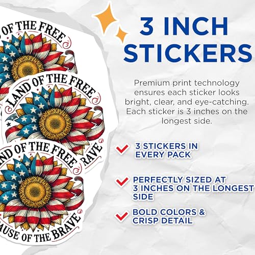 (3 Pack) Patriotic Sunflower Decals - American Flag Flower - Land of Free Brave Decal - 3 Inches On Longest Side - Easy Peel & Apply - Made in USA - 3MCS6628