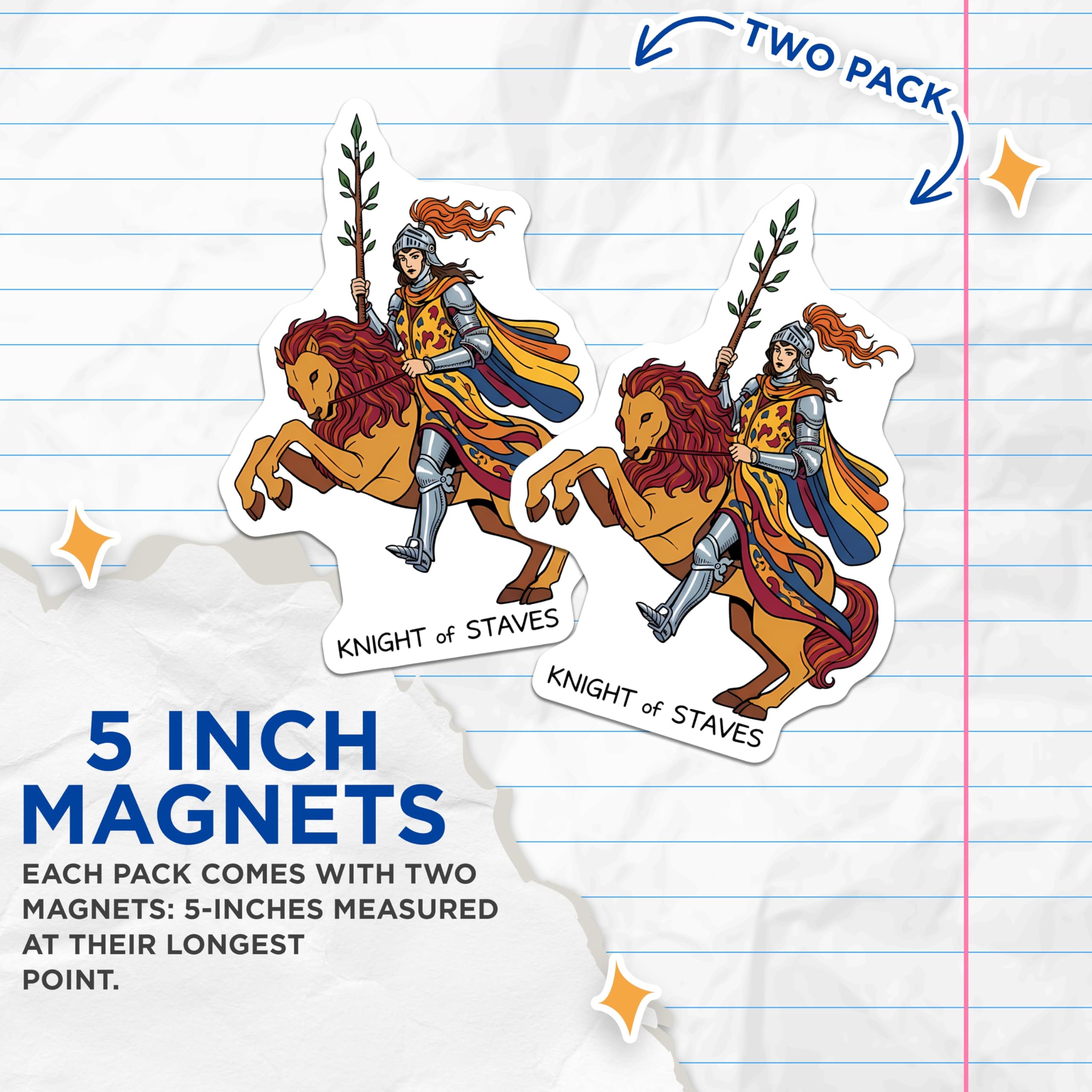 (2 Pack) Knight of Staves Magnets - Tarot Card Rider Art - Medieval Fantasy Warrior Decor - Esoteric Mystic Symbol - 5 Inches On Longest Side - Thick Durable Magnet - Made in USA - MAG21788