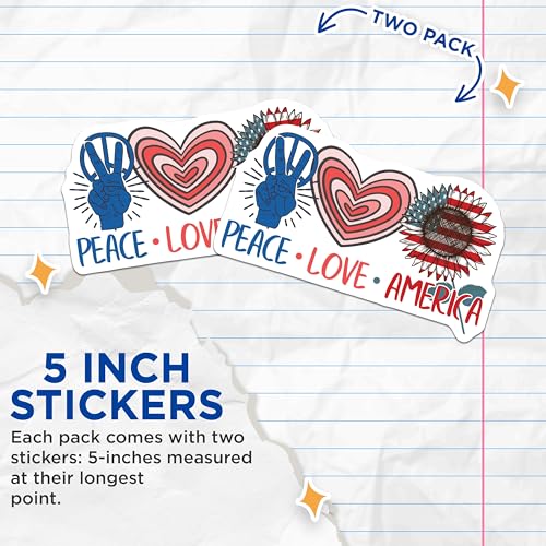 (2 Pack) Peace Love America Stickers - Patriotic Decorations - USA Flag Decals - 5" On Longest Side - Sticks to Smooth Flat Surfaces - Made in USA - BMCS5250