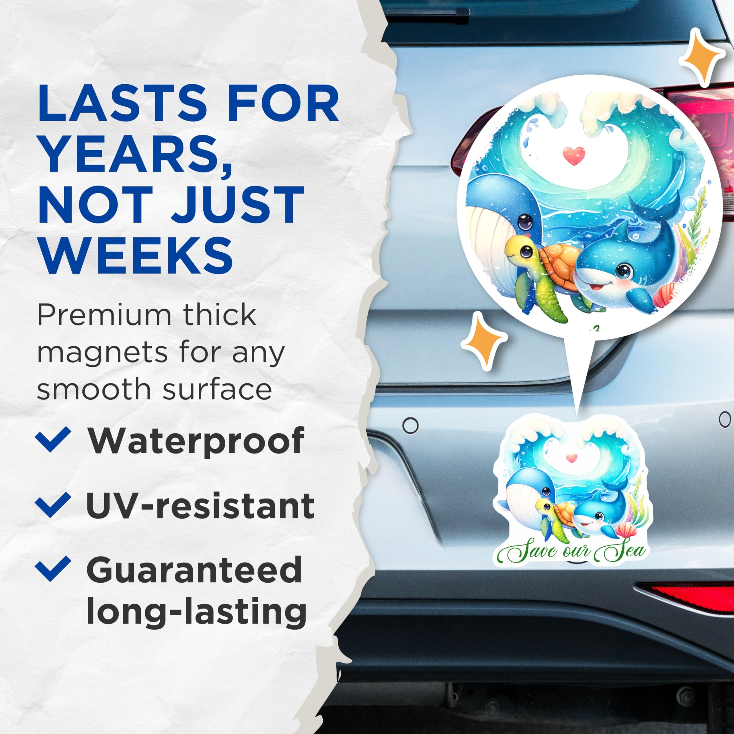 (2 Pack) Save Our Sea Magnets - Cute Ocean Animals - Marine Life Awareness - Kids Room Decor - 5" On Longest Side - for Cars, Fridges, Toolboxes - Made in USA - MAG7967