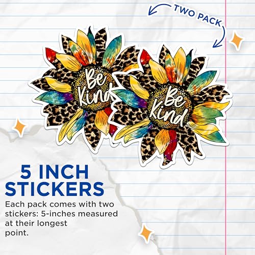 (2 Packs) Be Kind Sunflower Stickers - Positive Inspiring Motivating Decals - 5 Inches On Longest Side - Premium Vinyl Decal - Sticks to Any Smooth Flat Surface - Made in USA - BMCS2506