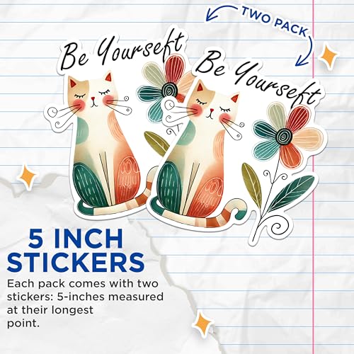 (2 Pack) Inspirational Cat Stickers - Be Yourself Stickers - Cat and Flower Stickers - 5" On Longest Side - Sticks to Any Smooth Flat Surface - Made in USA - BMCS2789