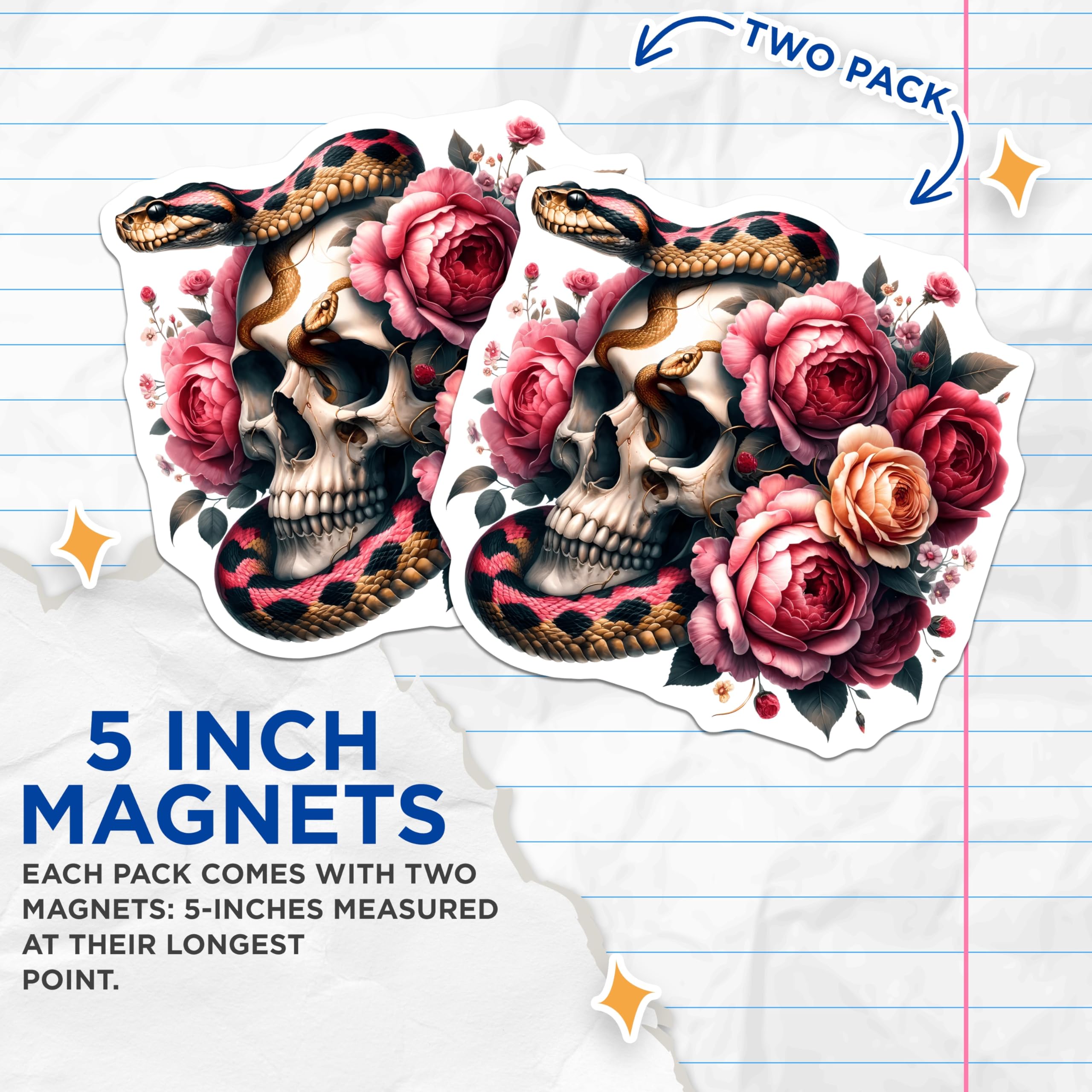 (2 Pack) Serpent Skull Roses Magnets - Dark Botanical Aesthetic Art - Goth Macabre Home Decor Display - 5 Inches On Longest Side - Thick Durable Magnet - Made in USA - MAG22221