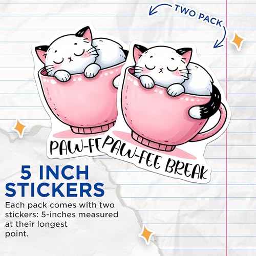 (2 Pack) Cute Cat in Cup Stickers - Paw-Fee Break Stickers - Adorable Animal Stickers for Laptops Water Bottles - 5" On Longest Side - Sticks to Any Smooth Flat Surface - Made in USA - BMCS3299