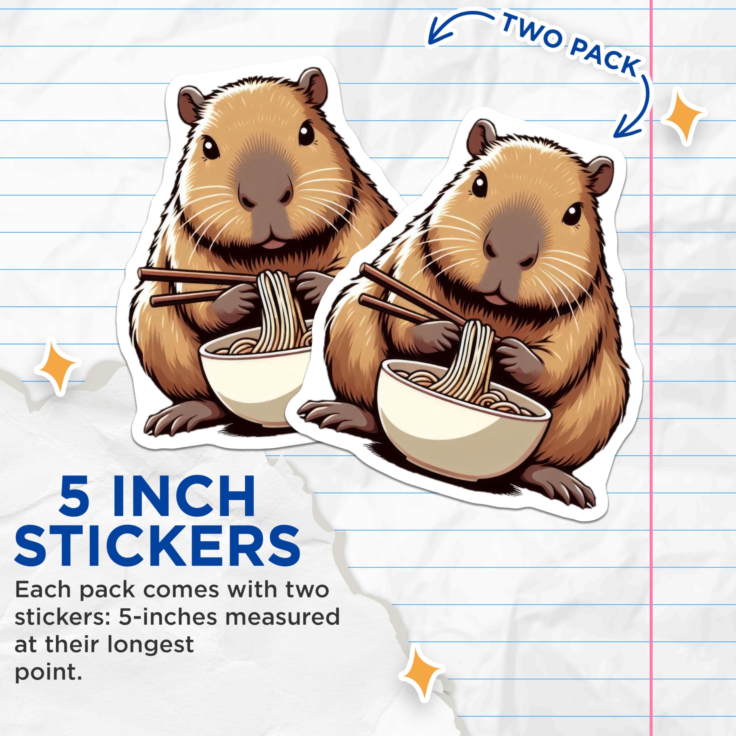 (2 Pack) Cute Capybara Eating Noodles Stickers - Funny Animal Art - Adorable Capybara Illustration - 5" On Longest Side - Sticks to Smooth Flat Surfaces - Made in USA - BMCS9907
