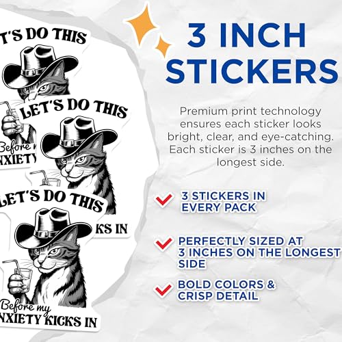 (3 Pack) Cat Cowboy Decals - Funny Cat Stickers - Laptop Decals - 3 Inches On Longest Side - Easy Peel & Apply - Made in USA - 3MCS6430