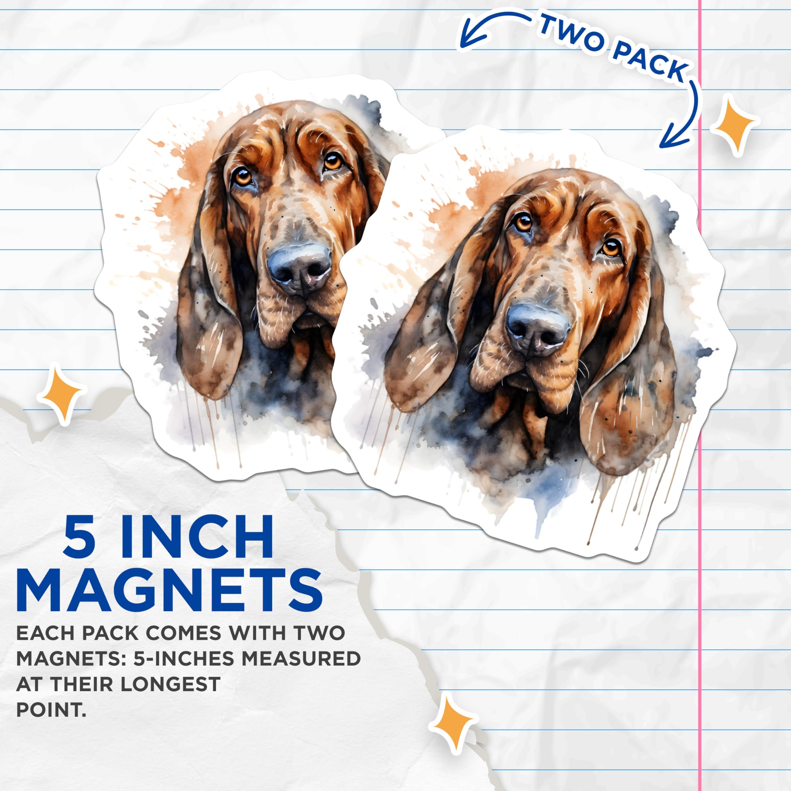 (2 Pack) Bloodhound Magnets - Watercolor Dog Breed Art - Hound Dog Owner Home Decor - Unique Canine Enthusiast Collectible - 5 Inches On Longest Side - Thick Durable Magnet - Made in USA - MAG26491