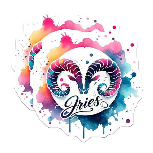 (2 Pack) Zodiac Aries Stickers - Horoscope Art - Astrology Watercolor Stickers - 5" On Longest Side - Sticks to Smooth Flat Surfaces - Made in USA - BMCS7127
