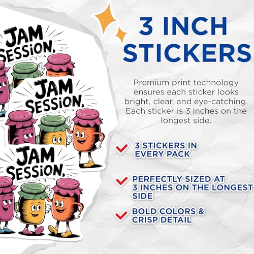 (3 Pack) Jam Session Decals - Funny Food Stickers - Cartoon Jam Jar Decals - 3 Inches On Longest Side - Easy Peel & Apply - Made in USA - 3MCS6399