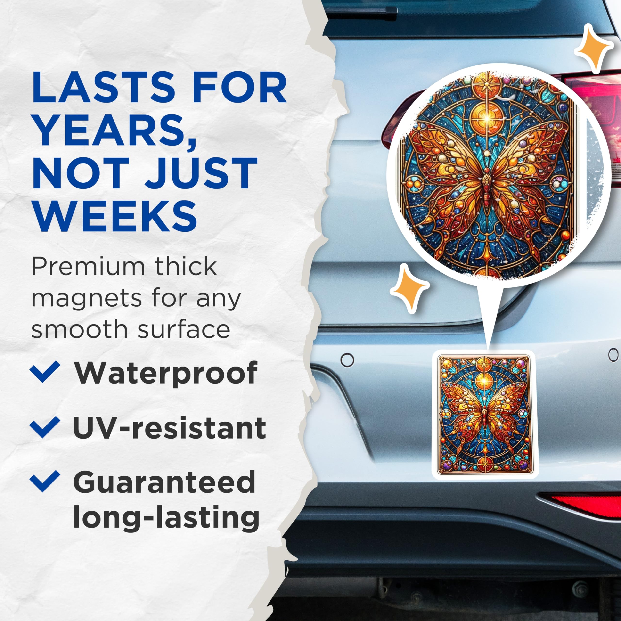 (2 Pack) Stained Glass Butterfly Magnets - Vibrant Celestial Insect Art - Mandala Mosaic Design - Colorful Nature Decor - 5 Inches On Longest Side - Thick Durable Magnet - Made in USA - MAG21131