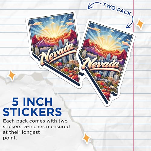 (2 Pack) Nevada Stickers - State Pride Stickers - Colorful Souvenir Stickers - 5" On Longest Side - Sticks to Smooth Flat Surfaces - Made in USA - BMCS5213