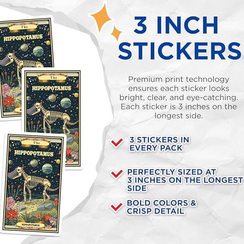 (3 Pack) Hippopotamus Decals - Skeleton Animal Sticker - Space Hipposaurus Decal - 3 Inches On Longest Side - Easy Peel & Apply - Made in USA - 3MCS2444