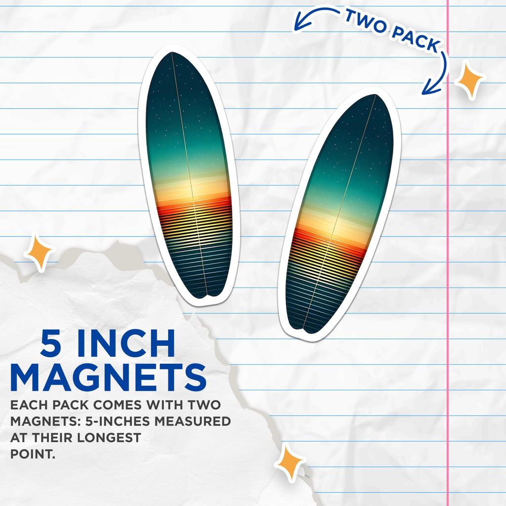 (2 Pack) Surfboard Art Magnets - Sunset Beach Scene - Coastal Home Decor - 5" On Longest Side - Premium Magnet - for Cars, Refrigerators, Toolboxes, Lockers - Made in USA - MAG14842