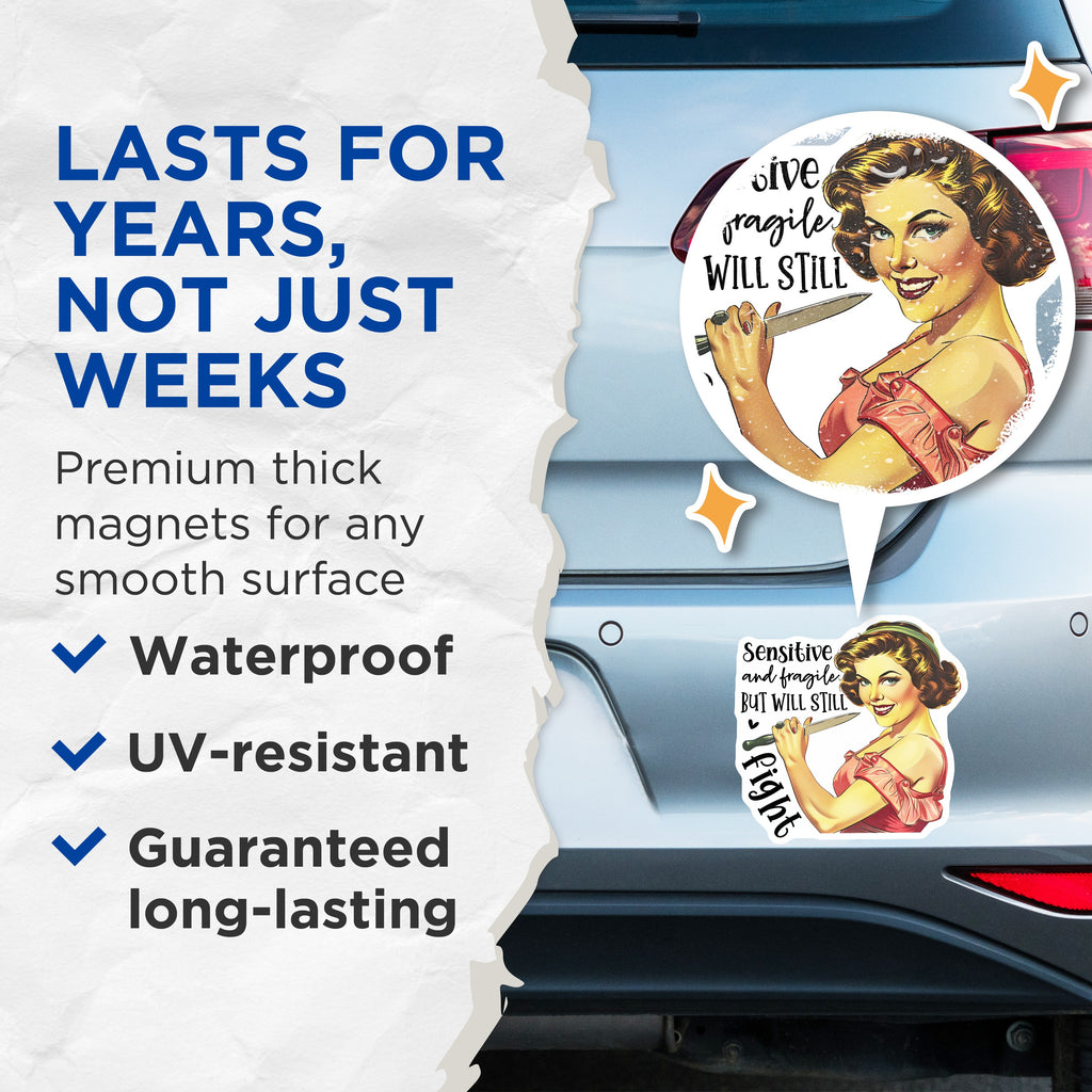 (2 Pack) Sensitive Fragile Magnets - Retro Pinup Girl Art - Sassy Woman Quote - Empowering Statement - Humorous Fridge Decor - 5 Inches On Longest Side - Thick Durable Magnet - Made in USA - MAG38362
