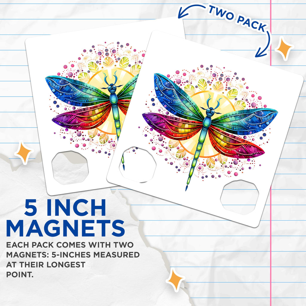 (2 Pack) Rainbow Dragonfly Magnets - Vibrant Mandala Art - Spiritual Home Decor Accent - 5 Inches On Longest Side - Thick Durable Magnet - Made in USA - MAG23220