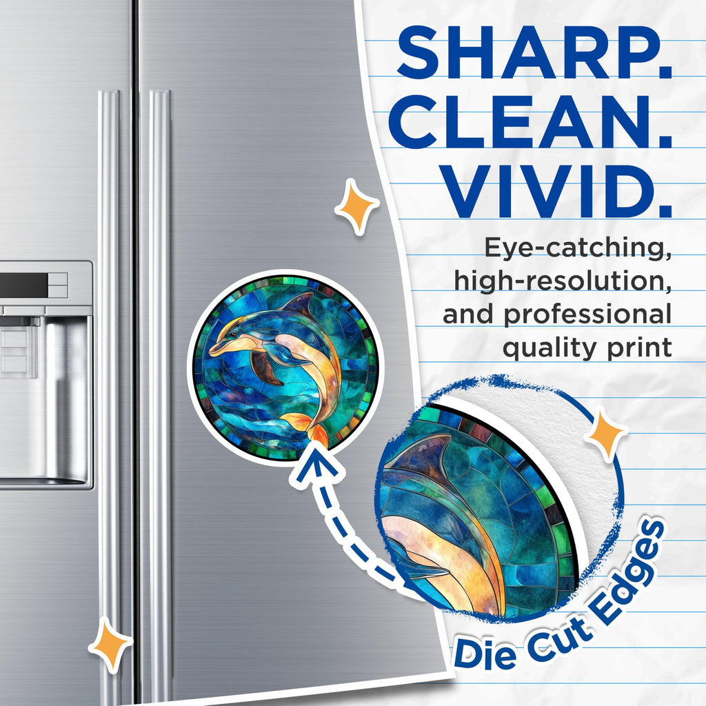(2 Pack) Stained Glass Dolphin Magnets - Ocean Marine Life Decor - Artistic Fridge Accent for Coastal Home - 5 Inches On Longest Side - Thick Durable Magnet - Made in USA - MAG28850