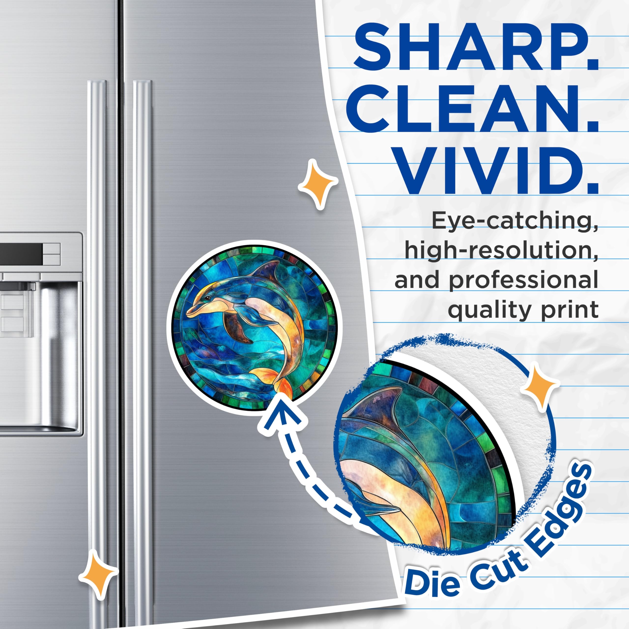 (2 Pack) Stained Glass Dolphin Magnets - Ocean Marine Life Decor - Artistic Fridge Accent for Coastal Home - 5 Inches On Longest Side - Thick Durable Magnet - Made in USA - MAG28850