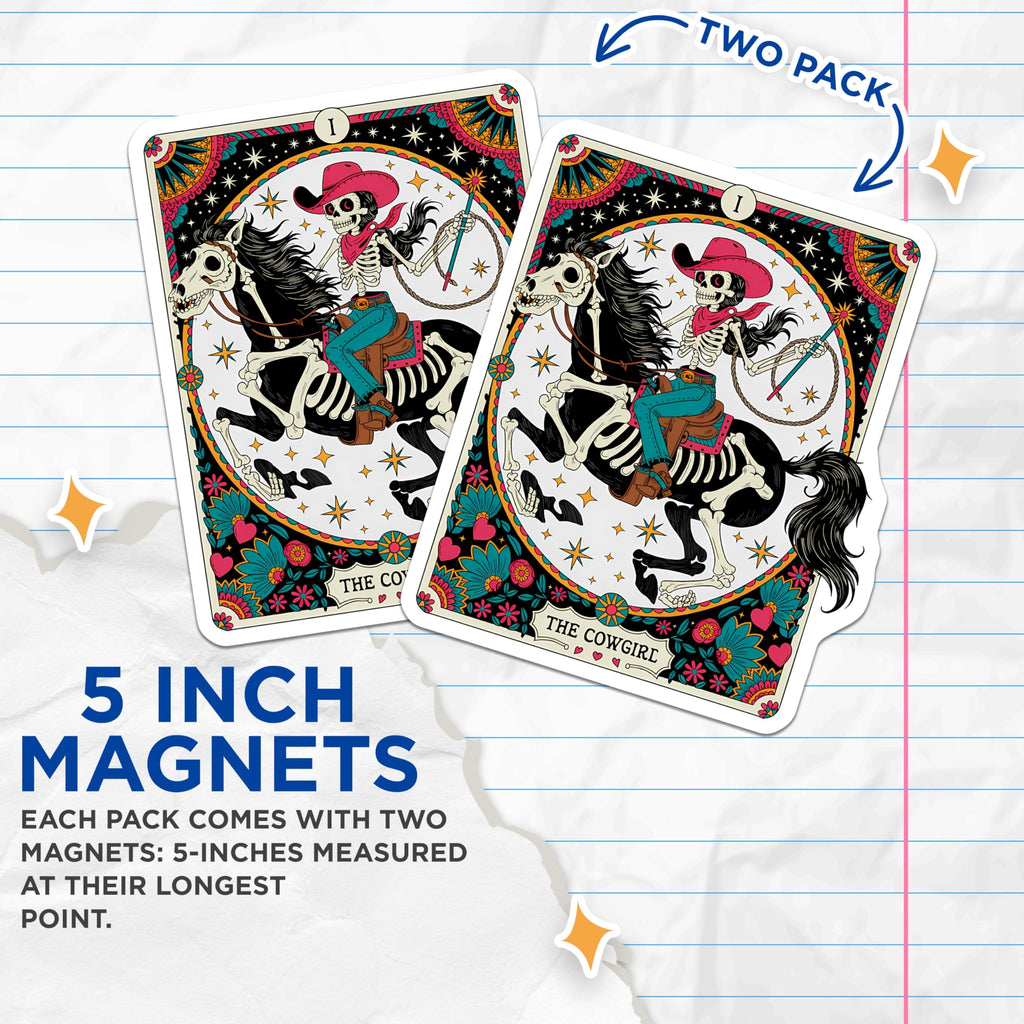 (2 Pack) Skeleton Cowgirl Magnets - Dia de Los Muertos Tarot Card - Western Horse Rider Art - 5 Inches On Longest Side - Thick Durable Magnet - Made in USA - MAG20202
