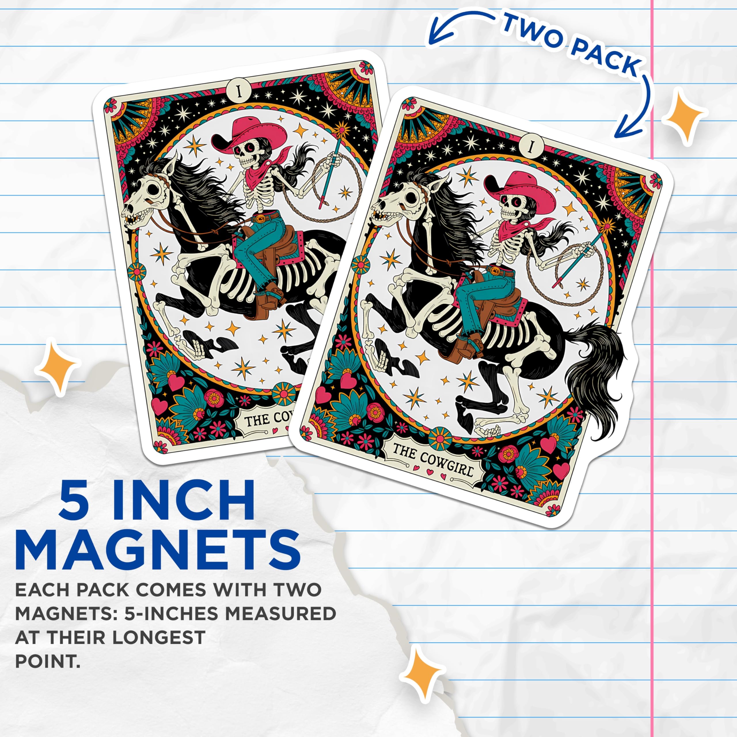 (2 Pack) Skeleton Cowgirl Magnets - Dia de Los Muertos Tarot Card - Western Horse Rider Art - 5 Inches On Longest Side - Thick Durable Magnet - Made in USA - MAG20202