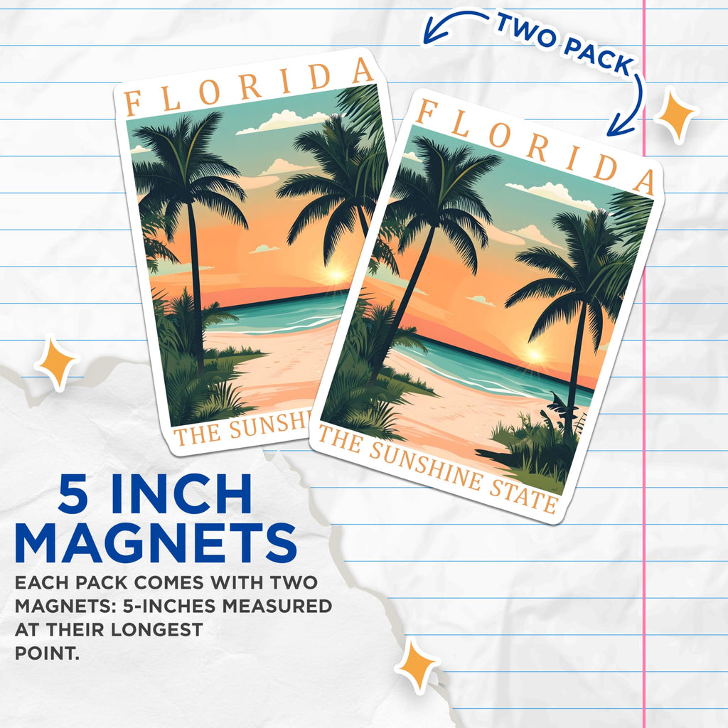 (2 Pack) Florida Magnets - Sunshine State Decor - Beach Theme Fridge Magnets - 5" On Longest Side - Premium Magnet - for Cars, Refrigerators, Toolboxes, Lockers - Made in USA - MAG17341